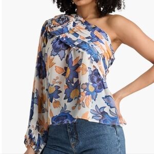 FARM Rio One-shoulder floral-appliquéd printed crepon top